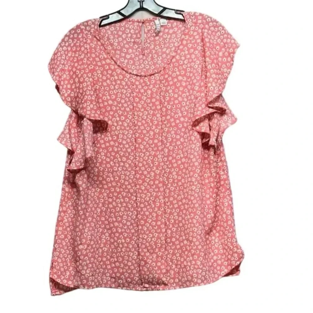 ELLE Women's L Pink Floral V-Neck Ruffle Sleeve Blouse Casual Party Top